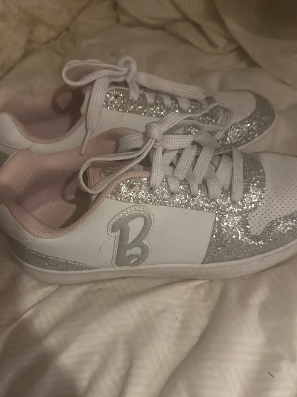 Barbie White & Silver Glitter Kids Sneakers